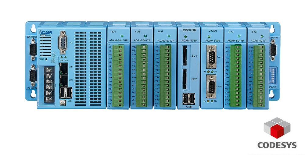 Mit dem Controller Advantech ADAM-5560CDS, abgesetzten E/A-Modulen und HMI die volle Funktionalität von CODESYS nutzen